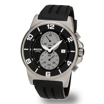 Black and silver Boccia wristwatch with multiple dials, a black strap, and a round face showing time and date