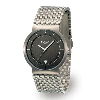 Silver wristwatch with a black face, silver hands, and a date display set in a silver metal band