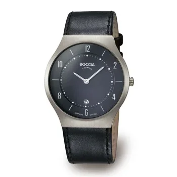 A wristwatch with a black leather strap, silver case, and a black dial featuring white hour markers and hands, with the brand name 'BOCCIA' on the face.