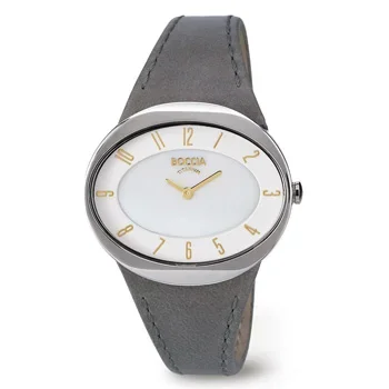 Gray wristwatch with gold accents and a white watch face, featuring an oval dial and leather strap