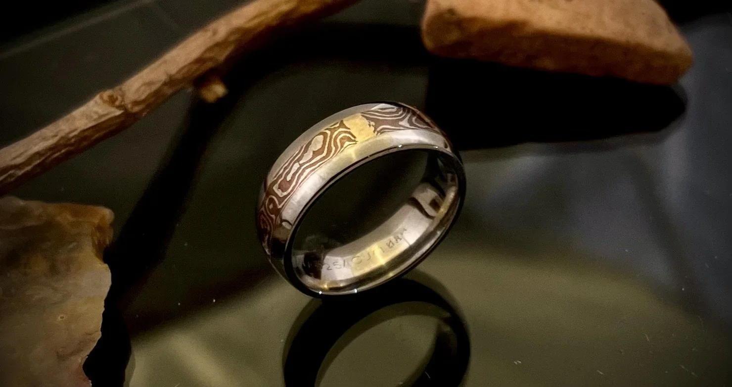 Titanium and Mokume Gane Band with Gold Accents
