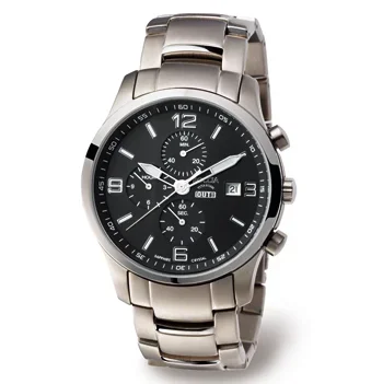 Silver wristwatch with black dial, three subdials, date display, and chronograph features.