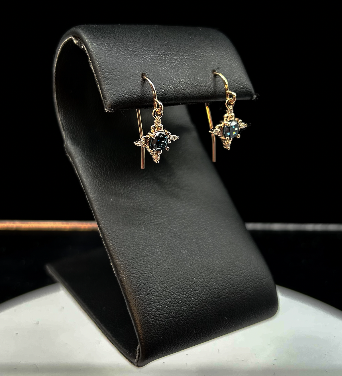 Pink Gold Blue Diamond Star Dangle Earrings