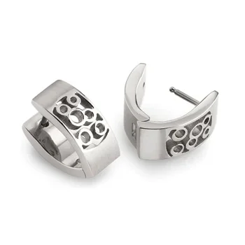 Pair of silver hoop earrings with circular cutout designs.