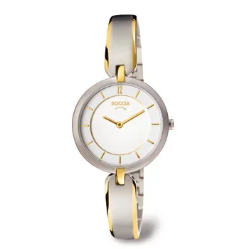 A stylish wristwatch with a silver and gold band and a white face with gold accents.