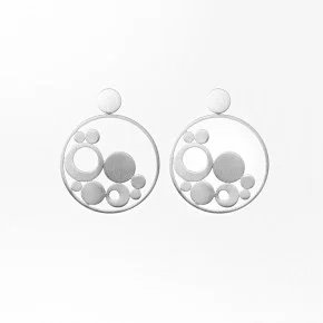Silver earrings with circular dangling designs containing small and large spheres.