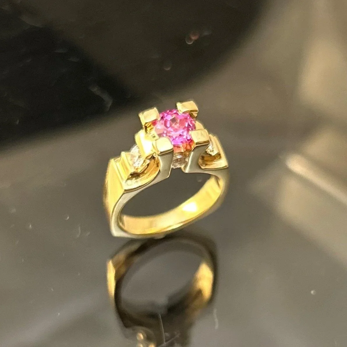 Chatham Pink Sapphire and White Diamond Ring