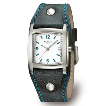 Close-up of a Boccia wristwatch with a square silver case, white dial, and black leather strap with blue stitching.