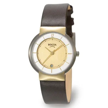 A Boccia wristwatch with a round beige dial, gold hour markers, and a black leather strap.
