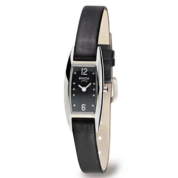A black and silver Boccia wristwatch with a black leather strap and a rectangular watch face.