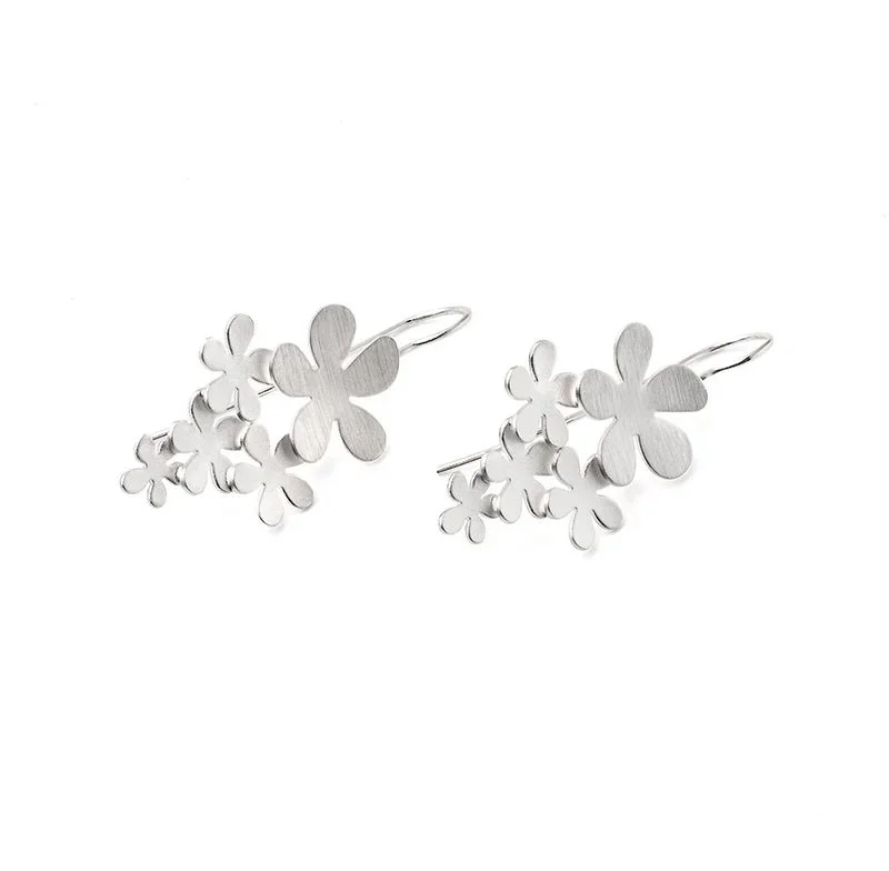 Silver earrings shaped like clustered flowers against a white background.