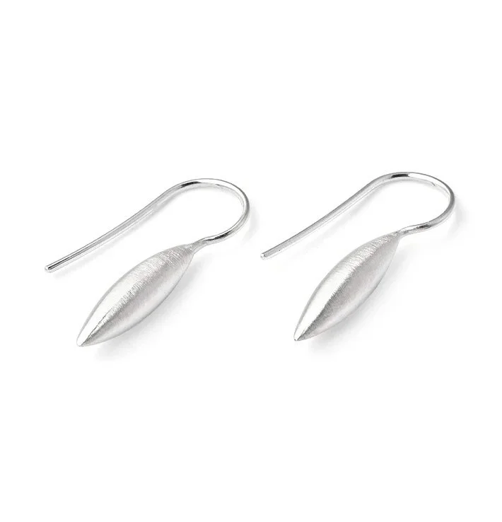 Silver drop-shaped earrings with hook clasps on a white background.