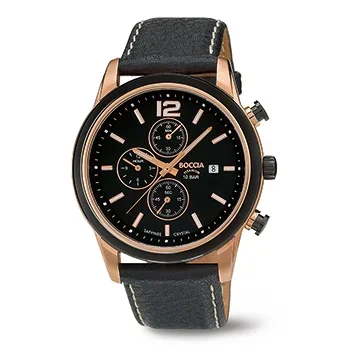 A men's wristwatch with a black dial, gold-tone case, black leather strap, and multiple chronograph subdials.