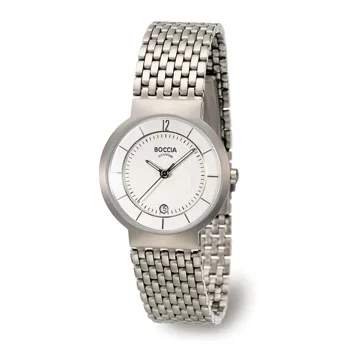 A silver Boccia wristwatch with a round face and metal link band