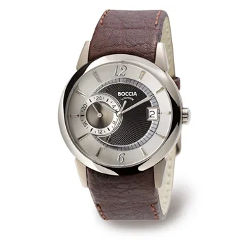 A wristwatch with a round silver bezel, a gray dial, and a brown leather strap.