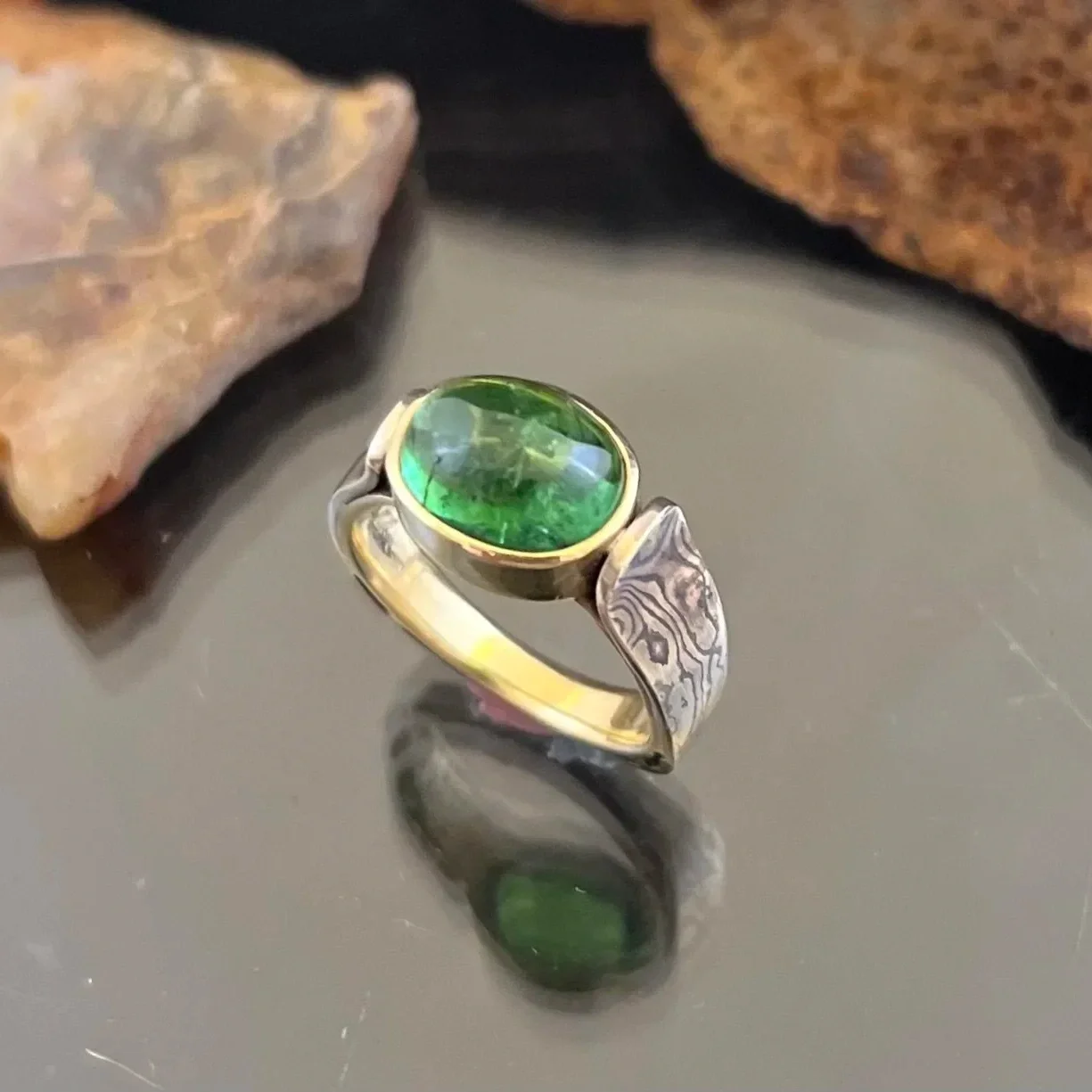 Mokume Gane Green Tourmaline Ring