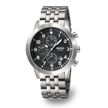 Digital watch with black dial, silver bezel, and metal bracelet, featuring multiple smaller dials and chronograph functions.