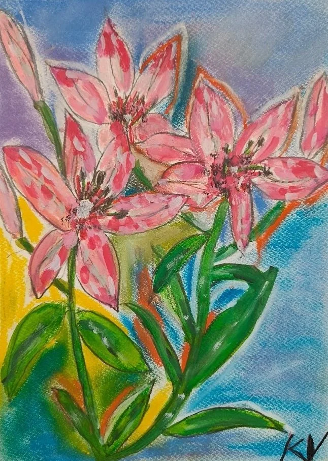 Colorful painting of pink lilies with green leaves against a vibrant background of yellow, blue, purple, and orange hues.