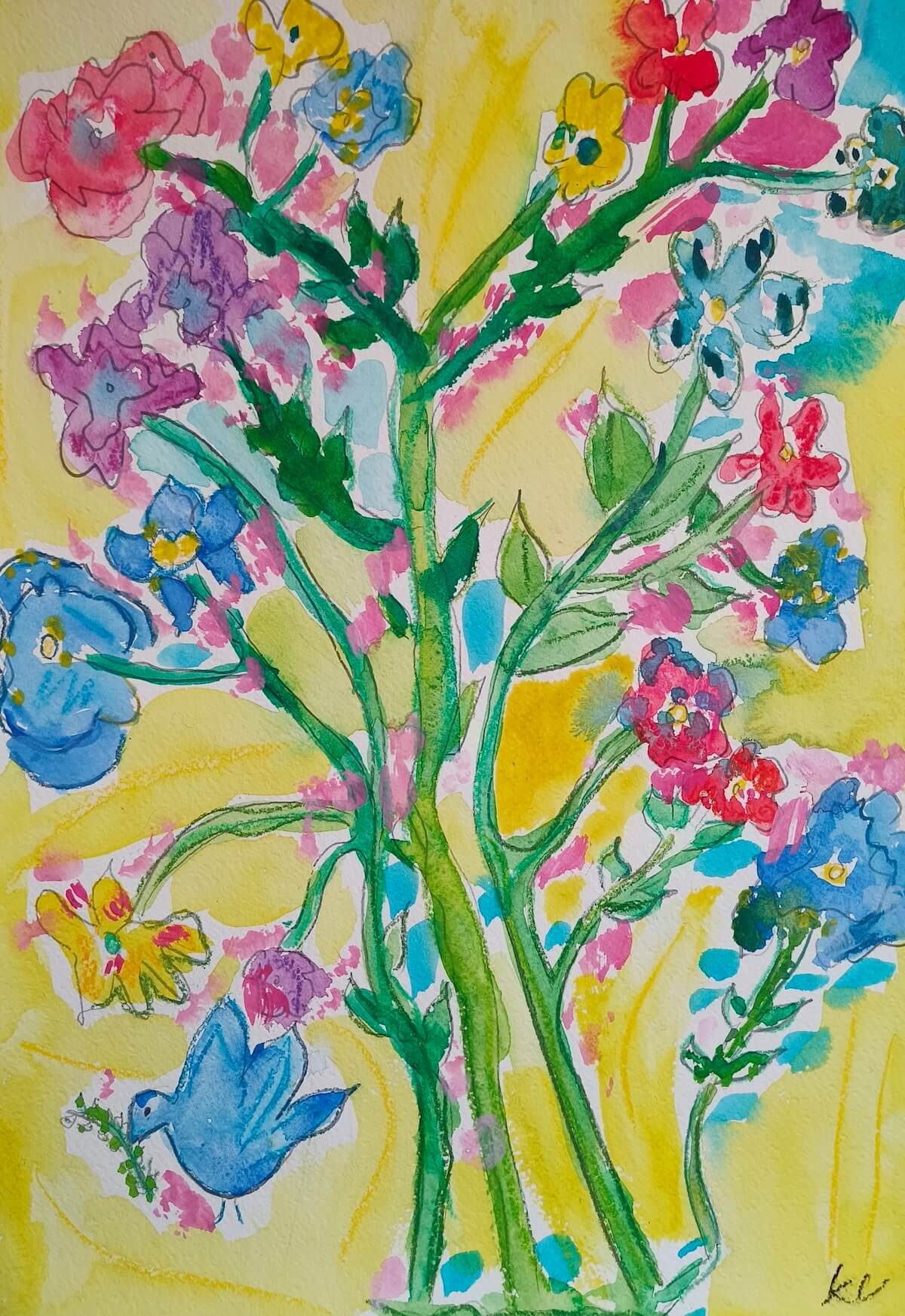 A colorful watercolor painting of a bouquet of flowers with various blooms in pink, purple, yellow, red, and blue, with green stems and leaves on a yellow background, featuring a blue bird at the bottom holding a sprig in its beak.