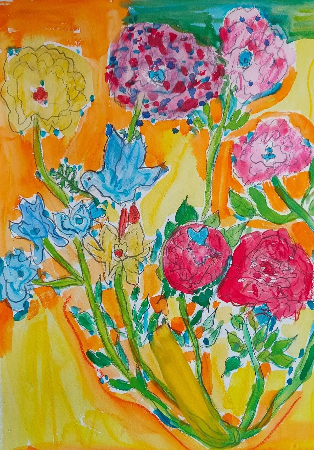 Colorful floral watercolor painting with various flowers in pink, yellow, blue, and red against an orange and yellow background.