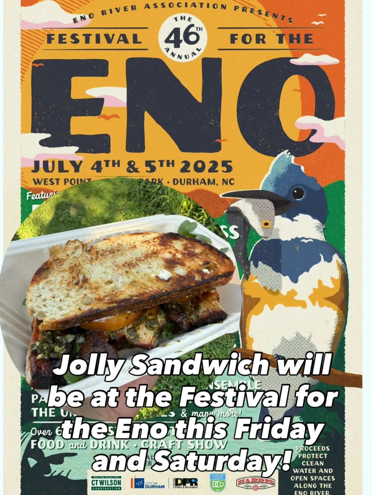 Get ready for the holiday weekend. We will be slinging quality Sammies at the @fest4eno 

We hope to see you there!! 

#enoriver #enoriverstatepark #bitesofbullcity #durhameats #durhamnc #damngoodsandwiches