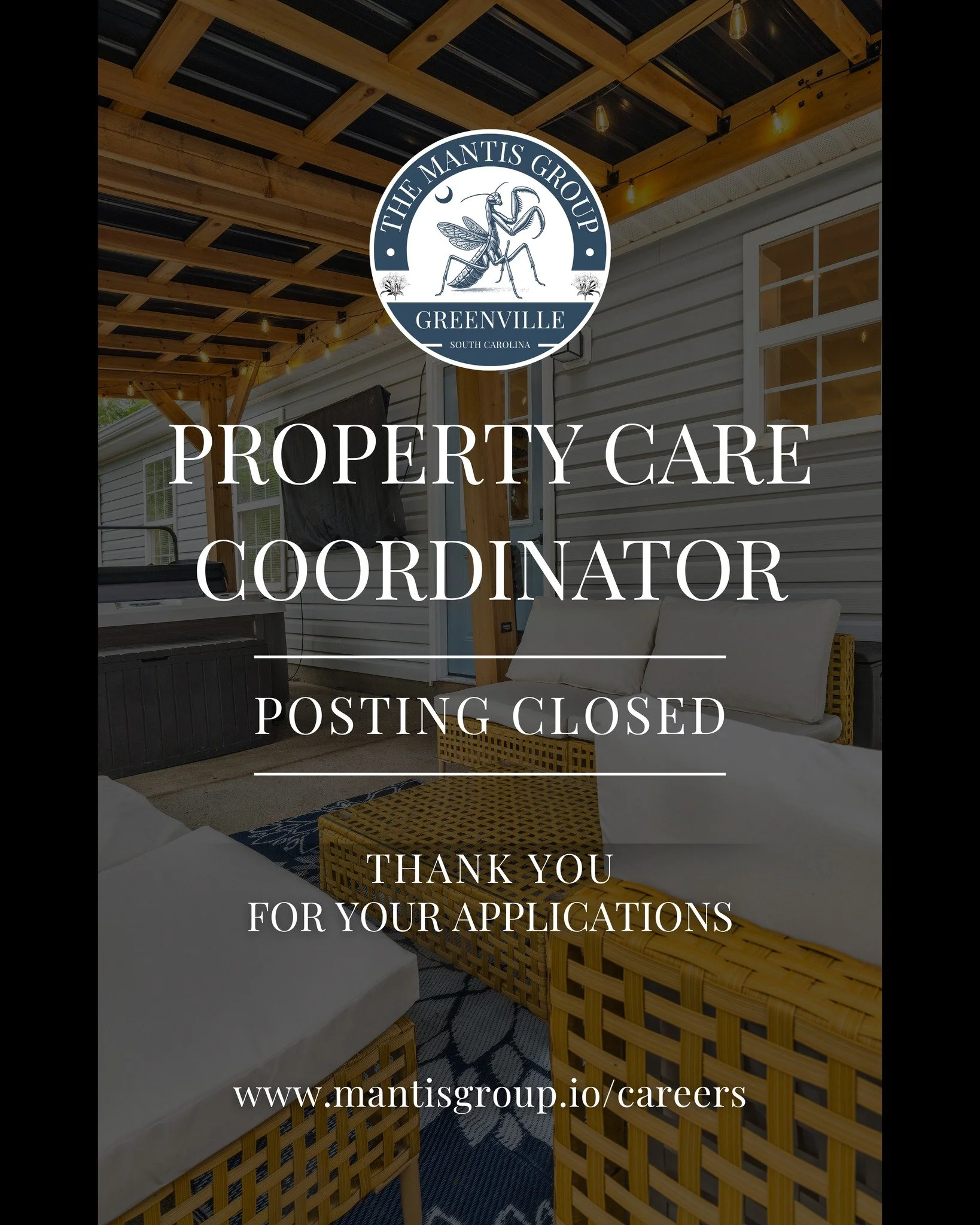 🚨 Position Closed 🚨

Our Property Care Coordinator role is now officially closed. A huge thank you to everyone who applied and showed interest in joining The Mantis Group team! We will be extending an offer to the selected candidate shortly and loo