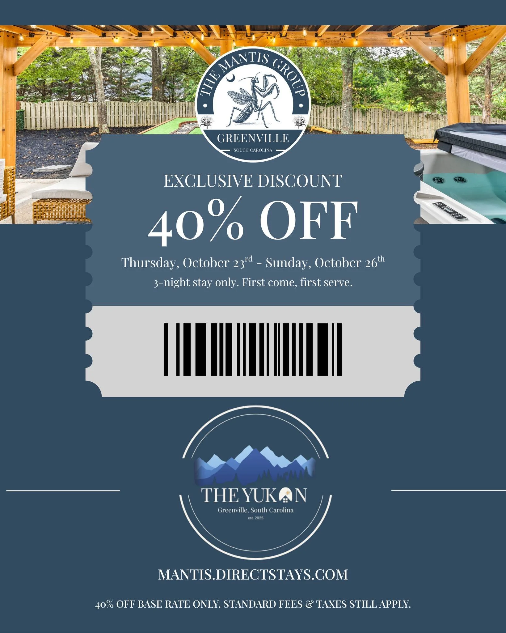🚨 40% OFF FLASH DEAL &mdash; THE YUKON 🚨

Dreaming of crisp fall nights by the fire pit or a soak in the hot tub under the stars? Now&rsquo;s your chance. 🌌

Stay at The Yukon from Thursday, Oct 23 &ndash; Sunday, Oct 26 and enjoy 40% off the base