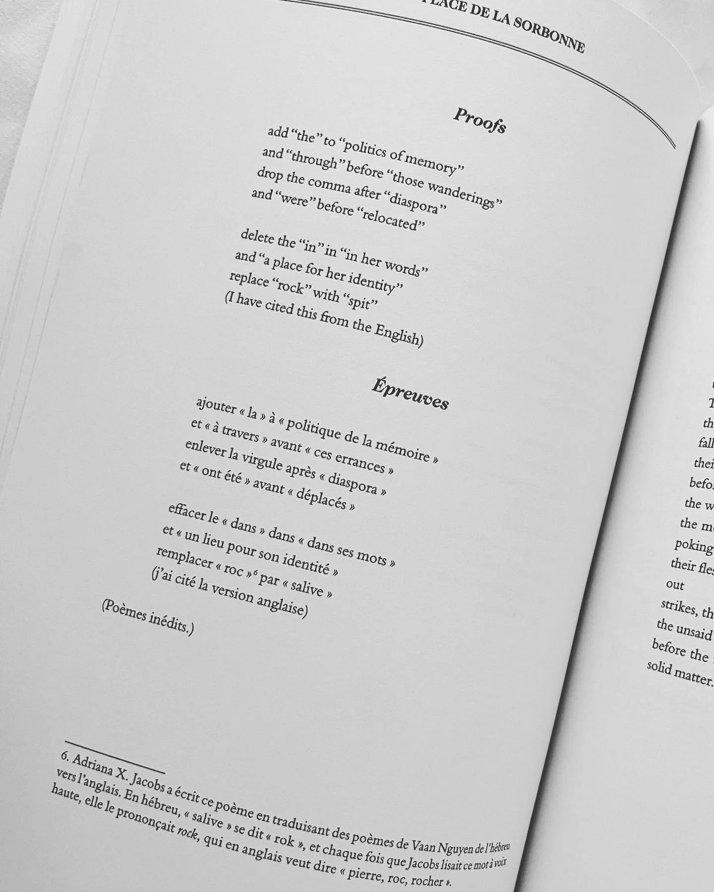 Place de la Sorbonne (2022). Includes two poems, "Proofs" and "Translation," in English and Sabine Huynh's French translation.