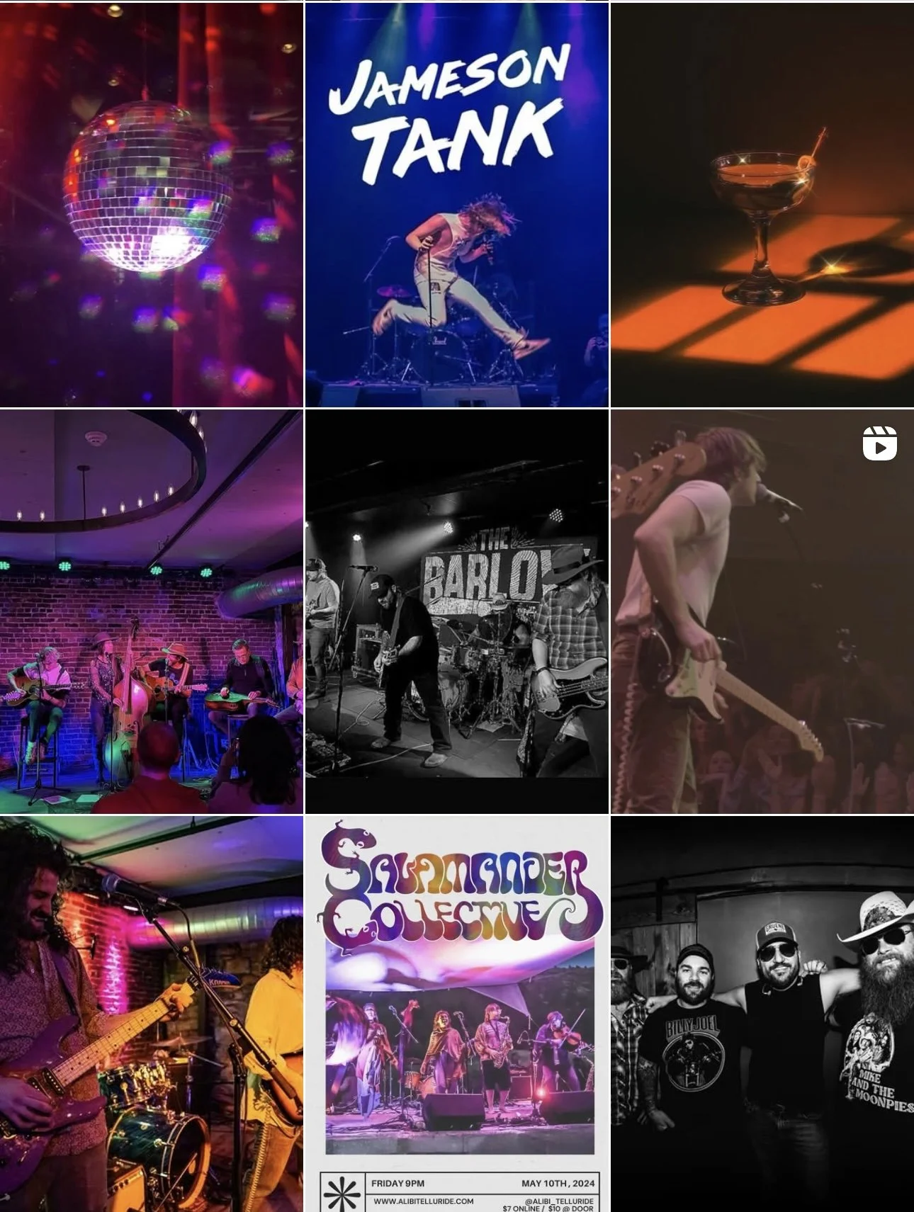 Collage of images from a live music concert, featuring band performances, stage lighting, a disco ball, and audience members.