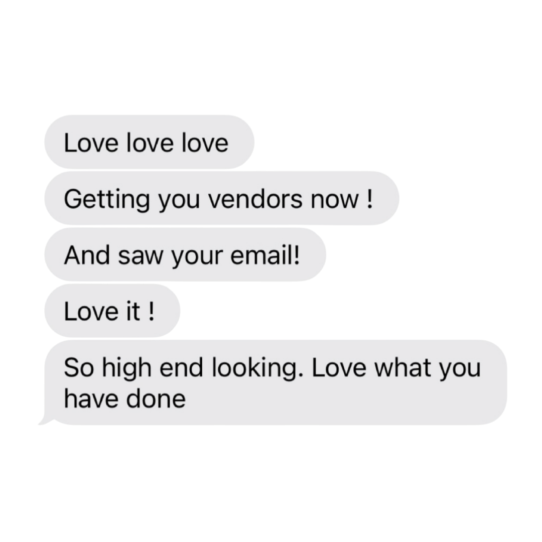 Screenshot of a text message conversation with positive feedback and praise about a high-end look and work done.