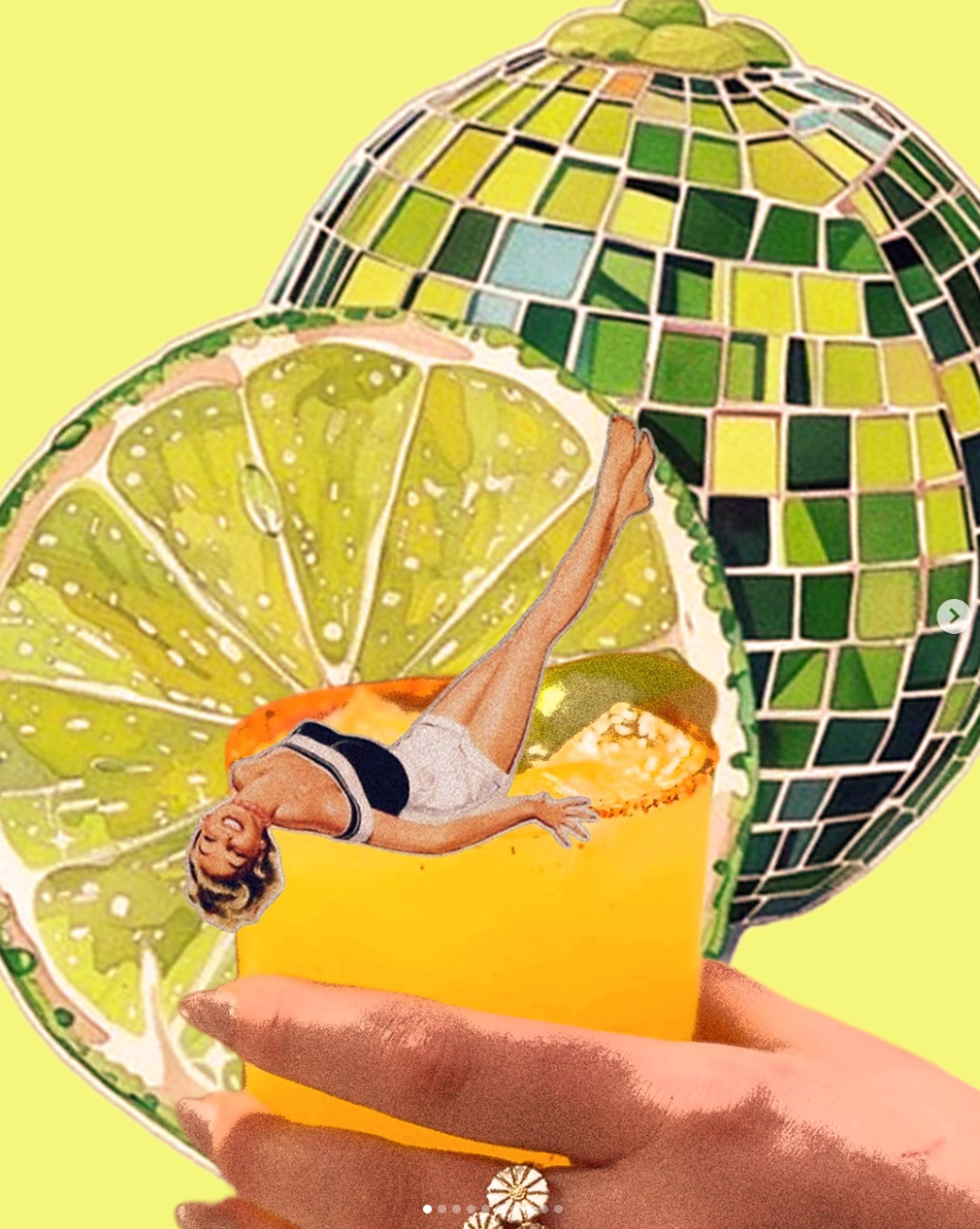 A hand holding a glass with an orange beverage, with a tiny woman in athletic wear floating inside the glass. In the background, there is a watermelon mosaic table and a large lime slice.