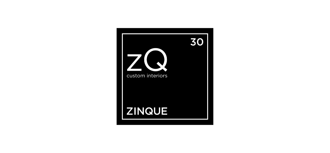 A black background with a white rectangular logo reading "ZQ custom interiors" and "ZINQUE" underneath, with a small "30" in the top right corner.