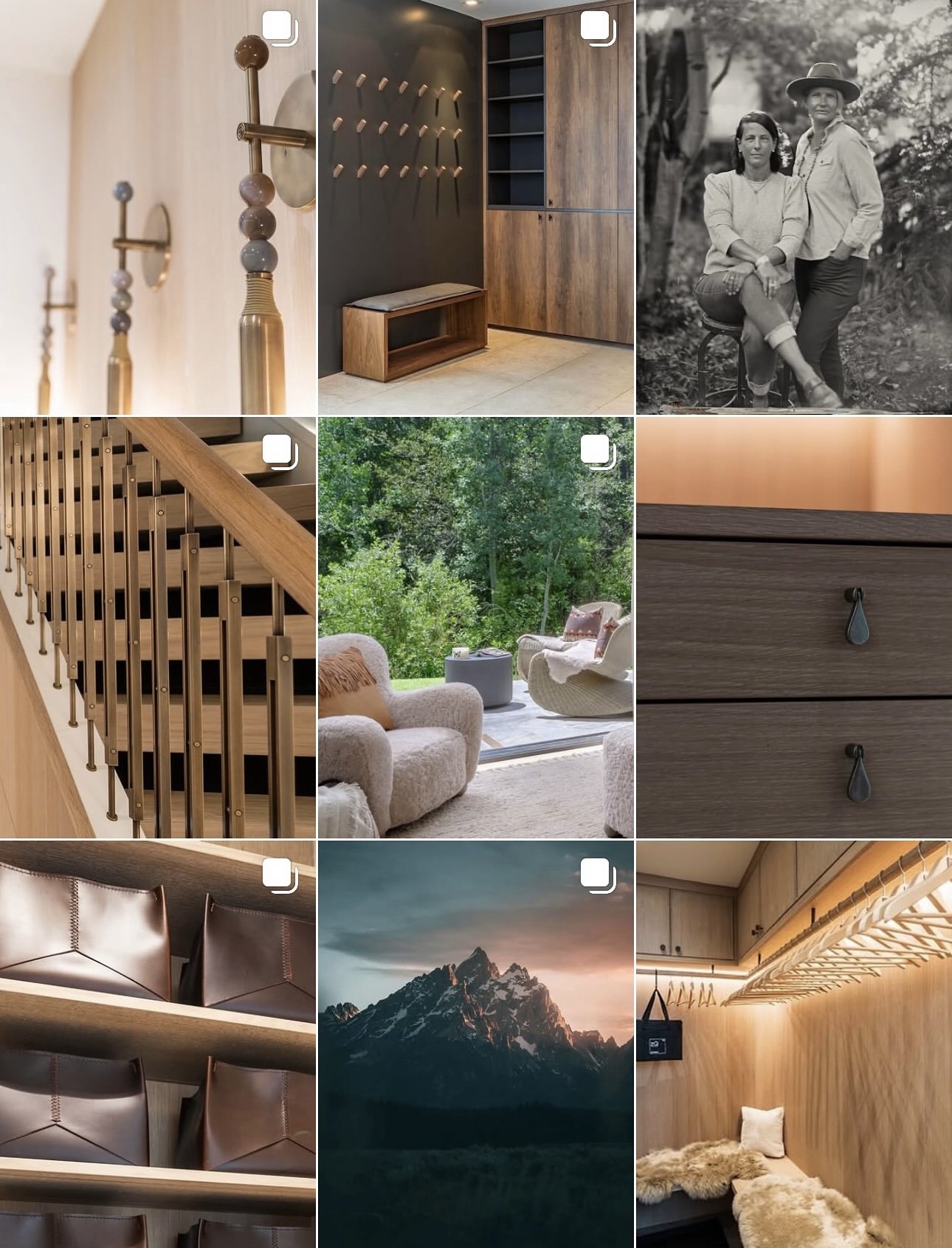 Collage of nine images including jewelry hooks, a modern wooden hallway bench, two women in an outdoor black and white photo, a staircase railing, a forest view from a porch, a dark wooden drawer, a shelf with leather bags, a mountain landscape at sunset, and a cozy bedroom with wooden walls and hanging clothes.