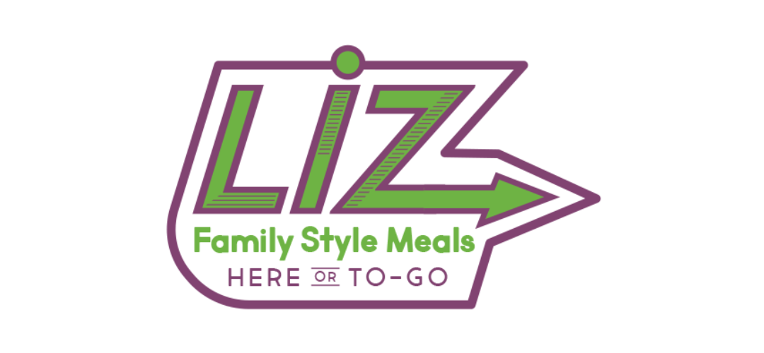 LIZ Family Style Meals logo in purple and green with the tagline 'Here or To-Go'.