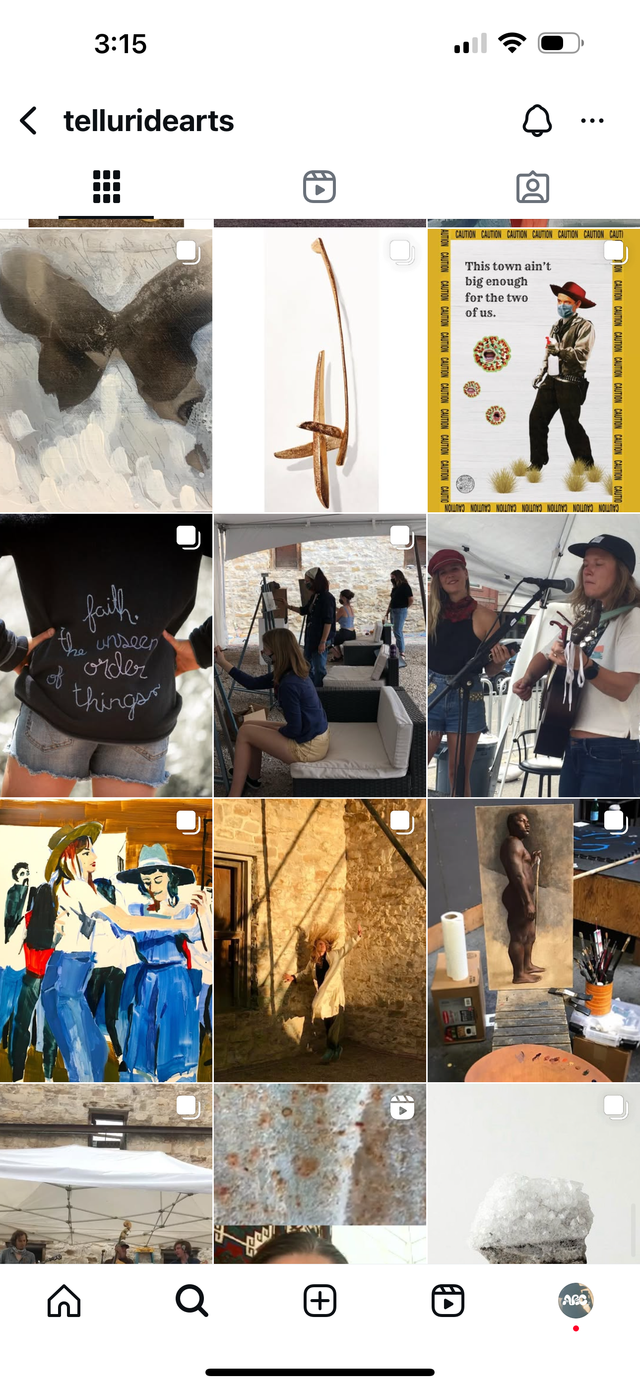Instagram profile page with the username telluridearts showing a grid of varied art and scene photos including paintings, sculptures, performances, and outdoor events.