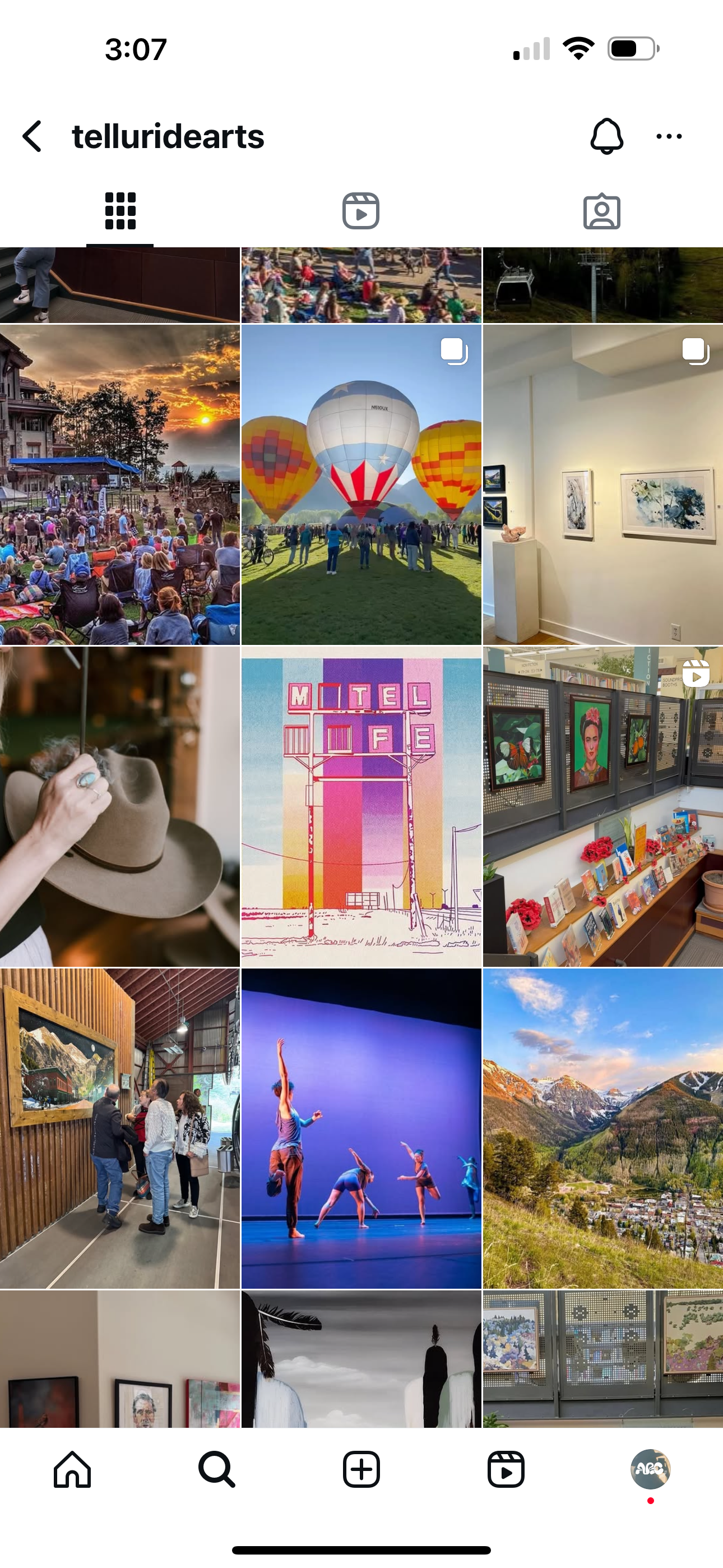 Instagram grid of various images, including hot air balloons, art gallery, people at a festival, mountain landscape, and dancers in performance.