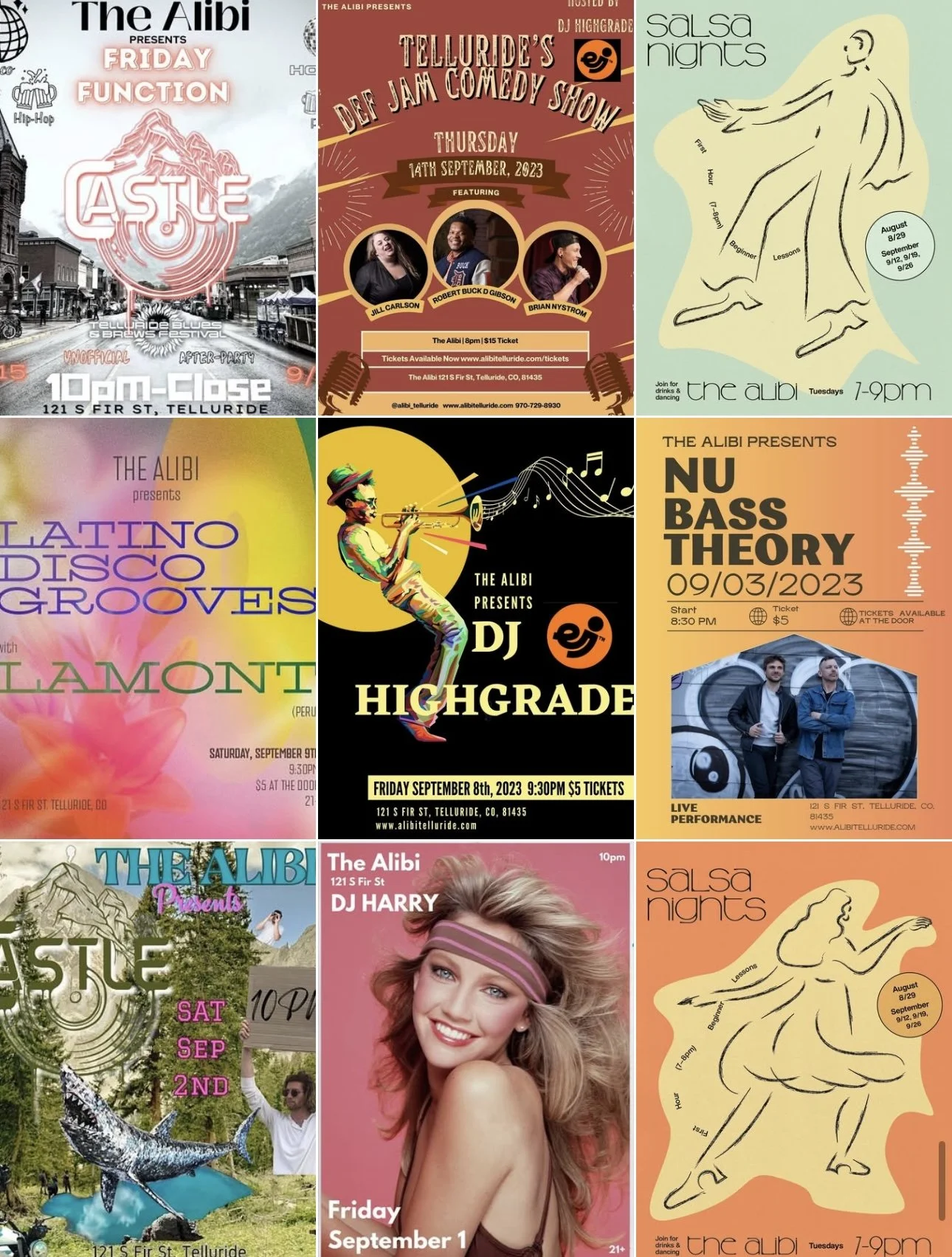 A collage of various event posters at The Alibi, including dance nights, comedy shows, DJ performances, and special events, with dates and times listed.