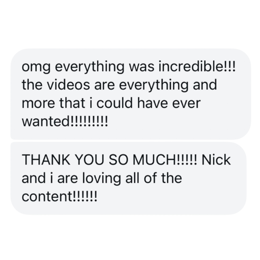 Text message screenshot expressing excitement and gratitude for videos and content.