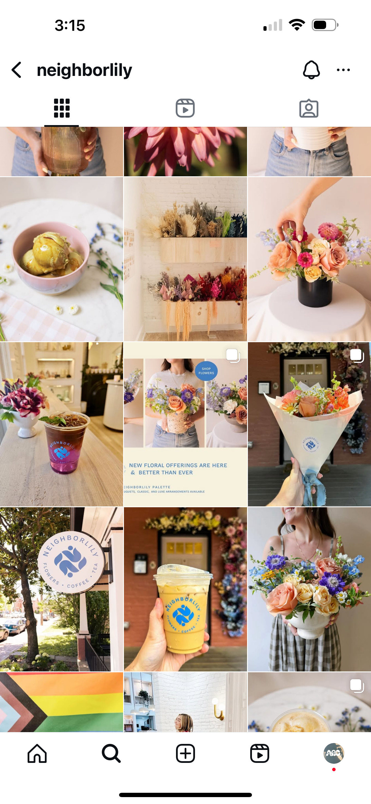 Instagram profile page showing images of flowers, drinks, and people holding flowers or bouquets at a floral shop or cafe.
