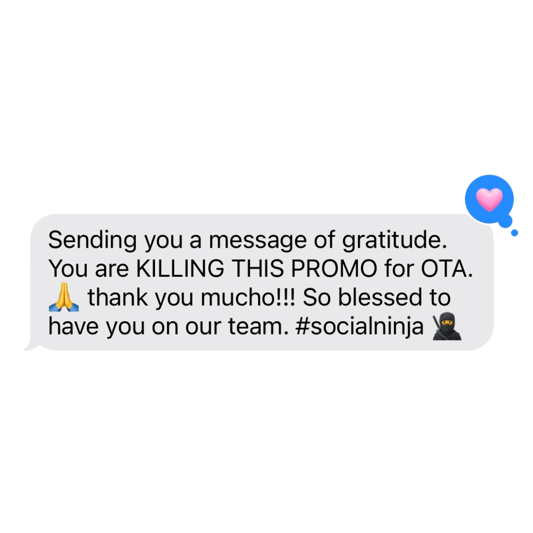 Screenshot of a messaging app with a message expressing gratitude and excitement about a promotional offer, including emojis of praying hands, a ninja, and a heart.
