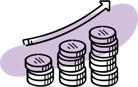 Stacked coins arranged in increasing height with an upward trending arrow.