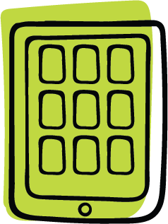 Illustration of a green smartphone with a grid of nine app icons on its screen.