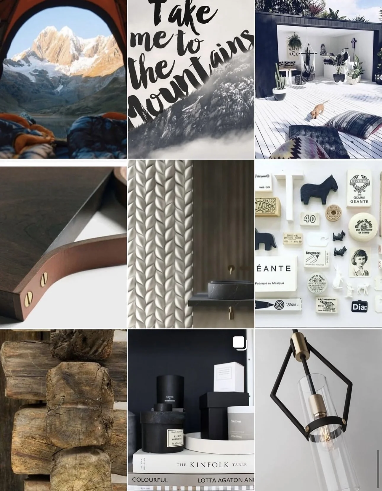 A collage of nine images showing various themes including mountain scenery, a motivational quote, an outdoor patio with a dog, a close-up of a furniture detail, a patterned wall, a bathroom sink, a wall with numerous decorative items, stacked logs, a interior decor items shelf, and a modern ceiling light fixture.
