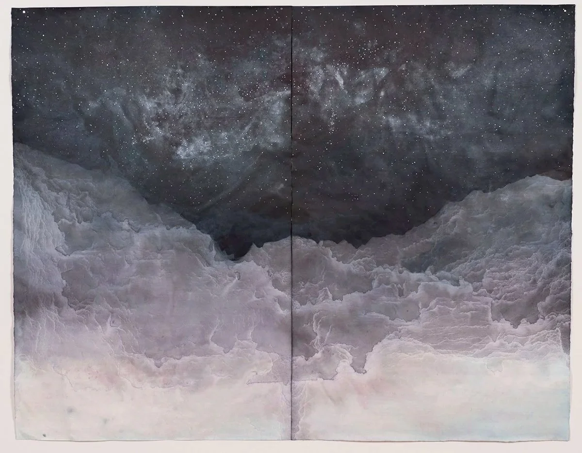 Elemental (big sky), 60” x 76”, Ink, gouache, mica on Okawara paper, 2017.

