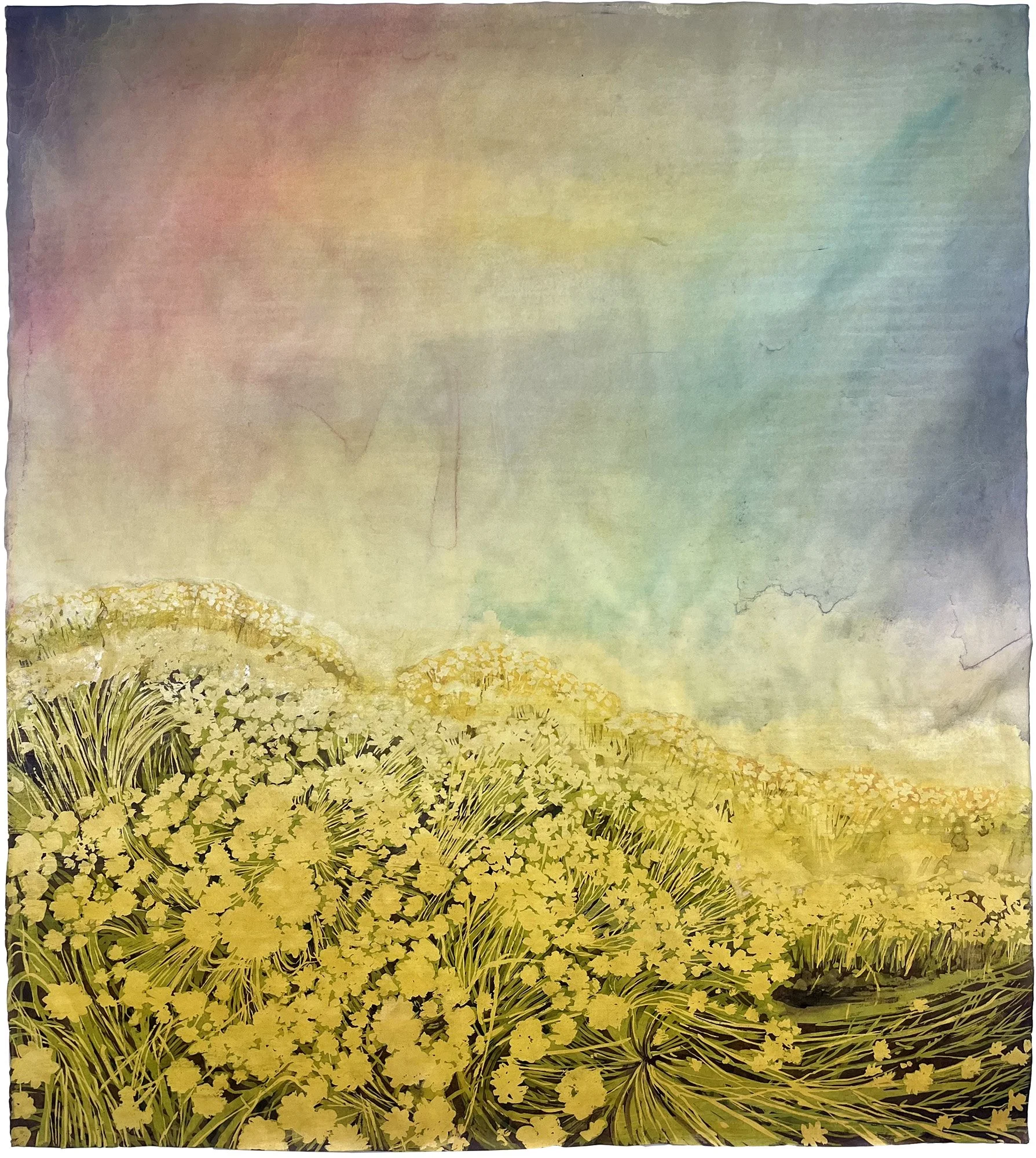 The sky is a prism, the ground breathes her in, 42.5" x 39" Ink and mica on washi paper, 2025.