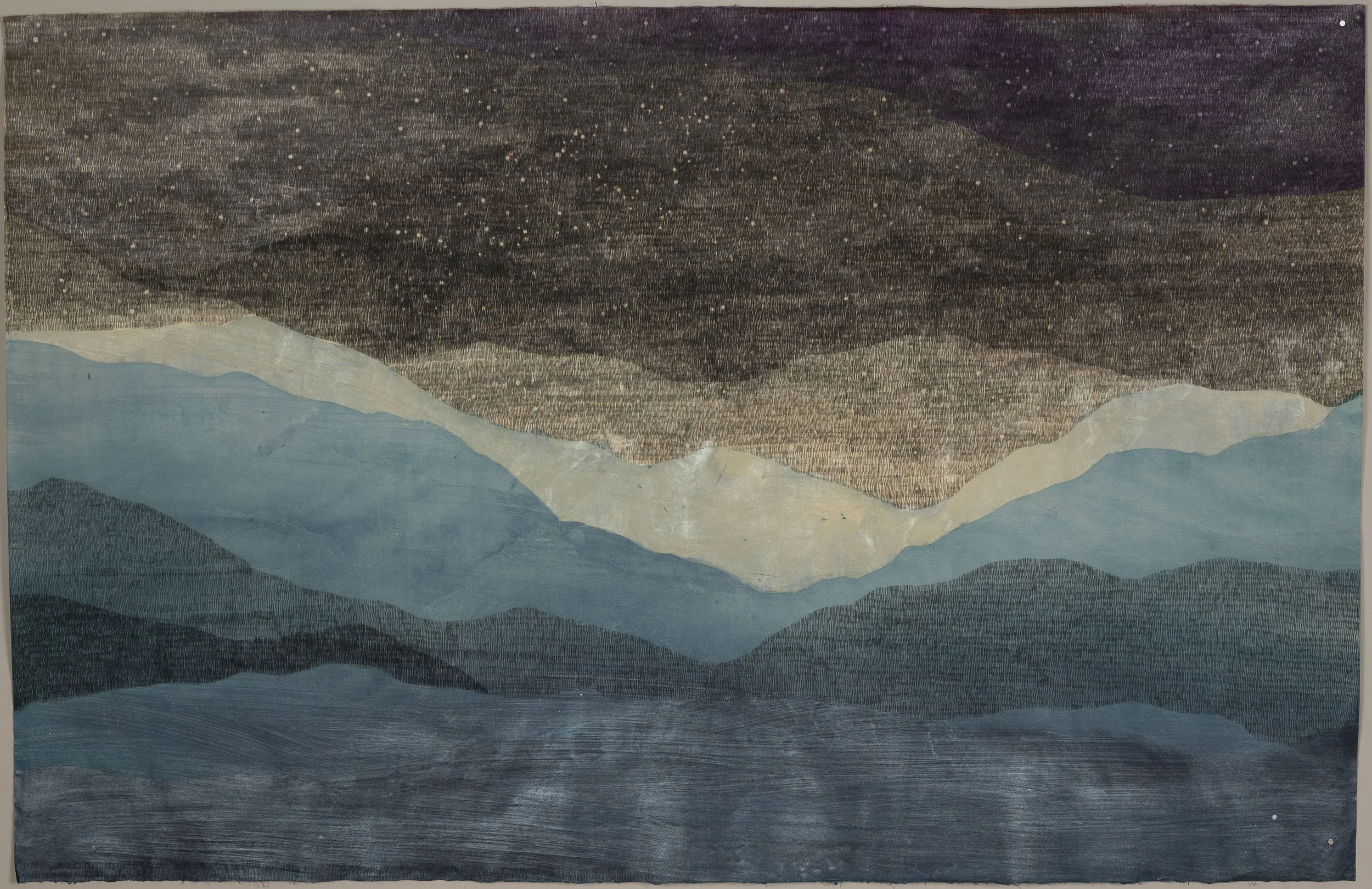 The Valley, 39" x 60", Ink, mica, carbon transfers and silver leaf on washi paper, 2022.