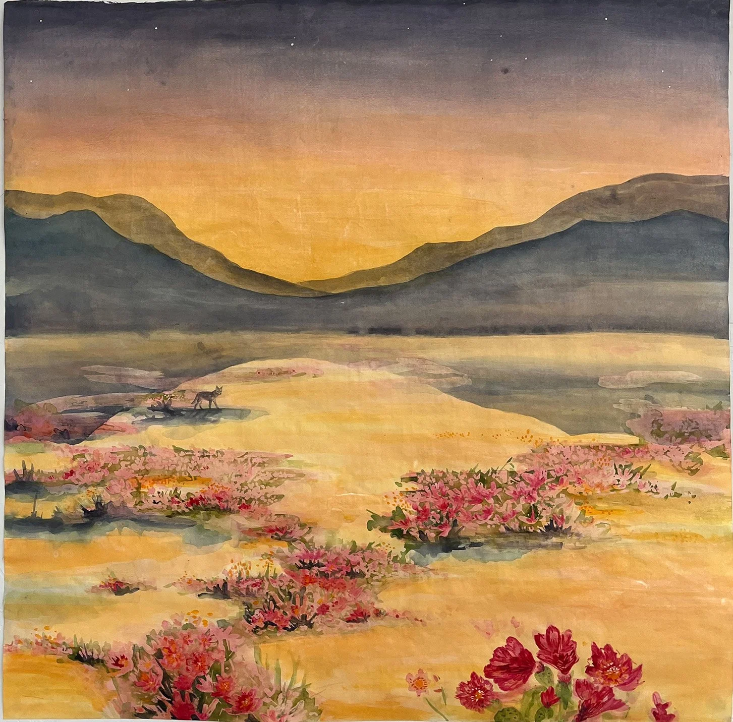 Hunt in the Mountain Shadow, 37" x 37", Ink, mica on washi paper, 2025.