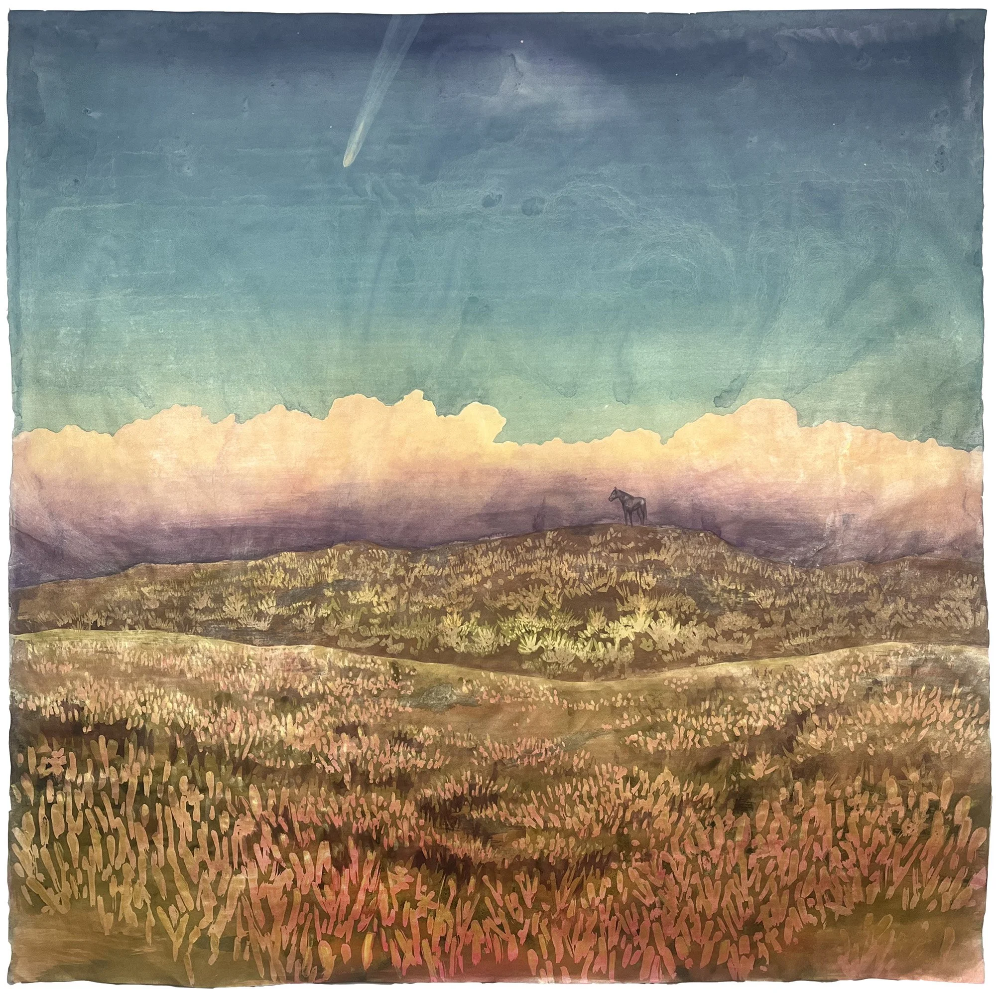 Two Travelers, 39.5" x 39.5"Ink and mica on washi paper, 2025.