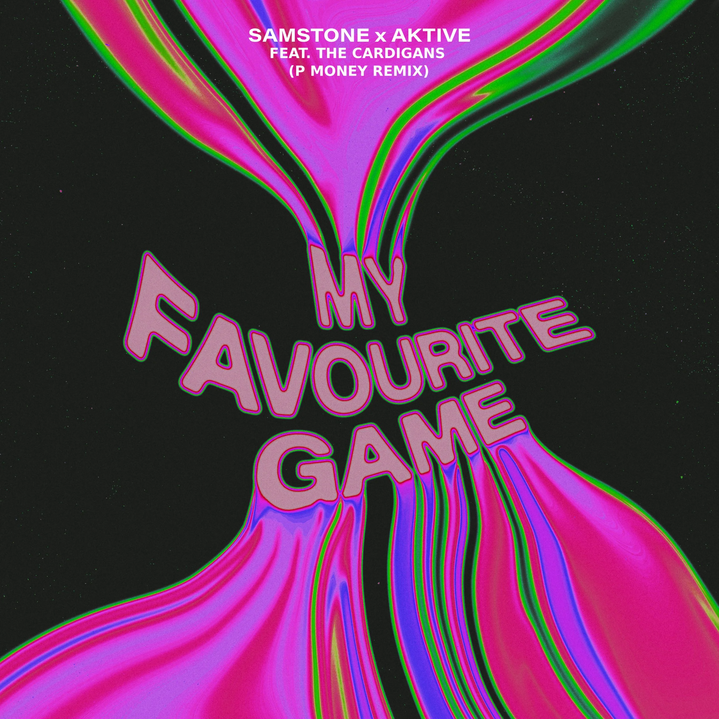 Official artwork for Samstone & Aktive’s remix of My Favourite Game, featuring P Money and The Cardigans. The design blends grime and Jump Up aesthetics, with bold typography and textured visuals, reflecting the track’s heavy bass and iconic synth-dr