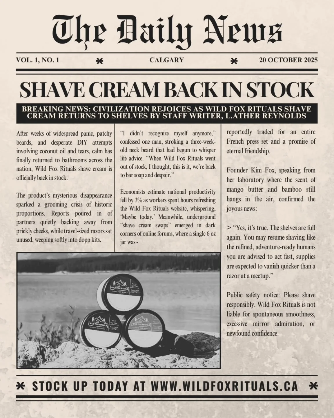 📰 Hot off the press, Wild Fox Rituals shave cream is restocked and ready to ship!
Grab your favorite before it’s gone (again).
.
.
.
#WildFoxRituals #RestockAlert #CanadianMade #MensGrooming #ShaveRitual #ShaveCream #SmallBatch #BackInStock #